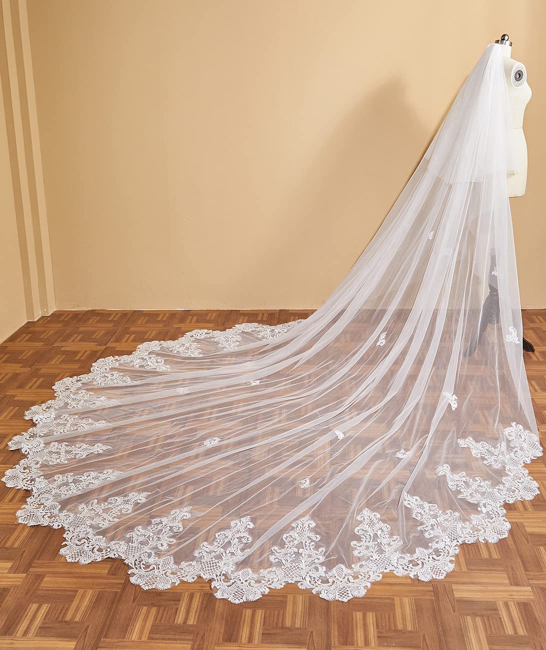 EllieWely Long Cathedral Length 2 Tier Sequin Lace Wedding Bridal Veil F09 3 M Ivory