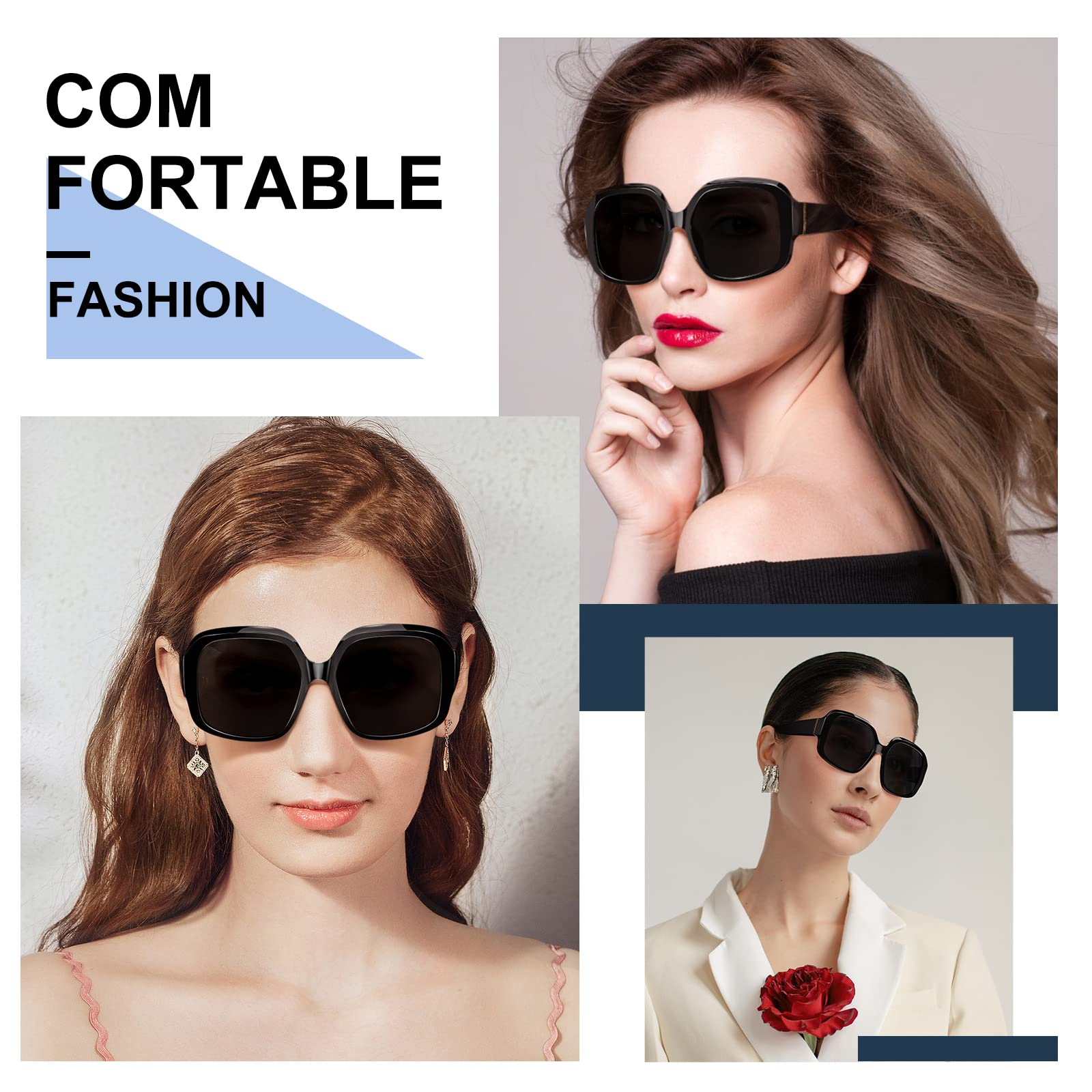 ViewJoy Oversized Sunglasses for Women Polarized 100% UV Protection Spring Hinges for Big Head Large Square Black Frame Classic Trendy Style