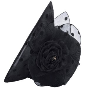 Dots-Organza Flower Band Wide Brim Sun Hat for Women French Straw Party Hat Bridal Wedding Fascinator Black