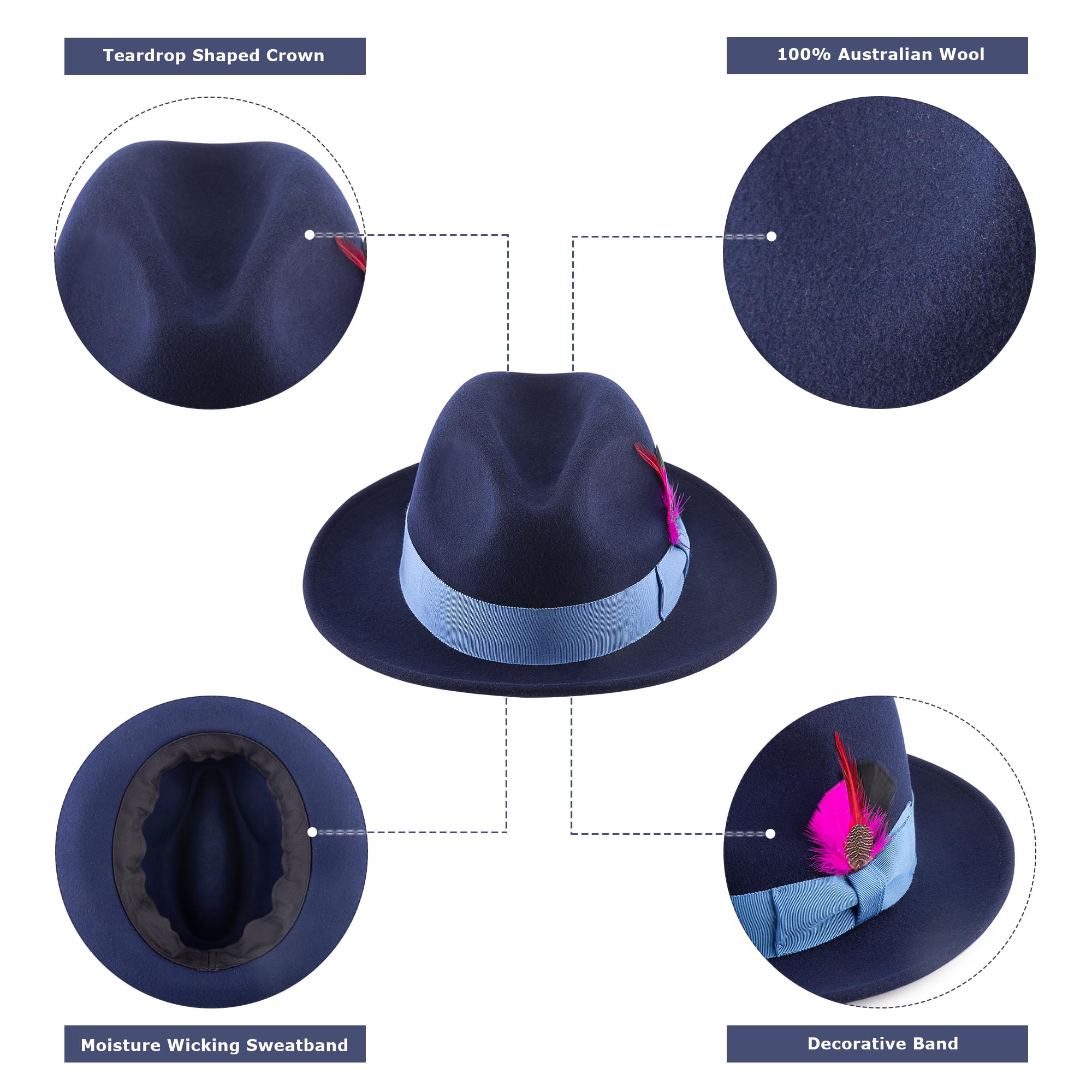 Classic Fedora Hat for Men & Women Wide Brim Fedora Hats Adjustable Felt Panama Hat Wool Fedora Hat with Band