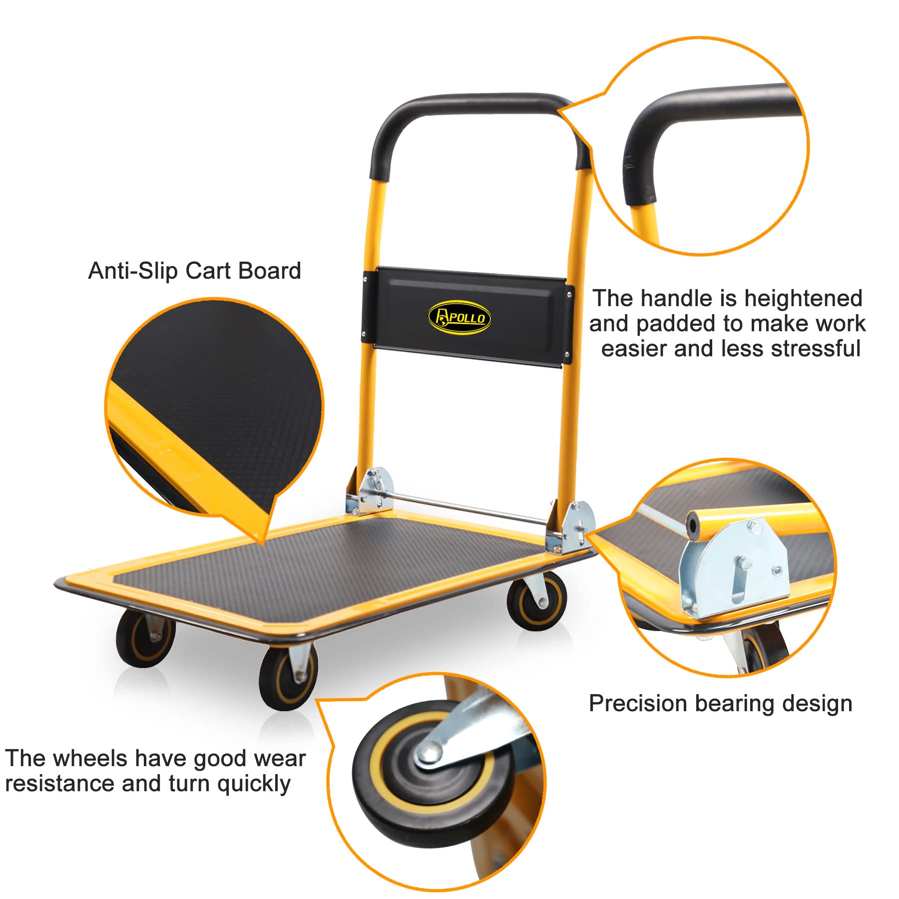 Push Cart Dolly, Foldable Platform Truck 330 lbs Capacity for Easy Storage, Folding Hand Truck Push Cart Dolly with 360 Degree Swivel Wheels Black and Yellow