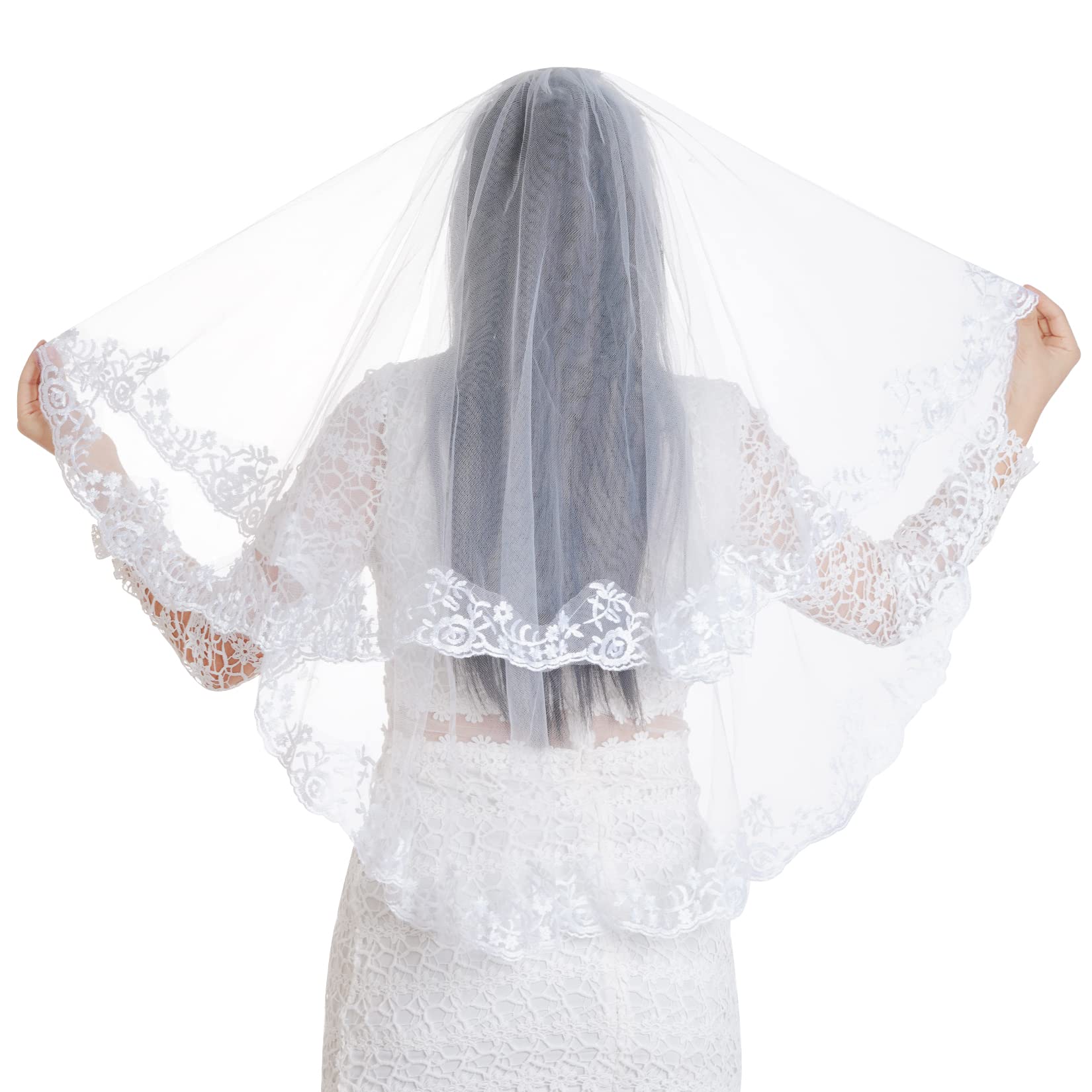 jiebor White Lace Veil Bridal Wedding Veils Halloween Veil for Women Brides Wedding Bridal Shower