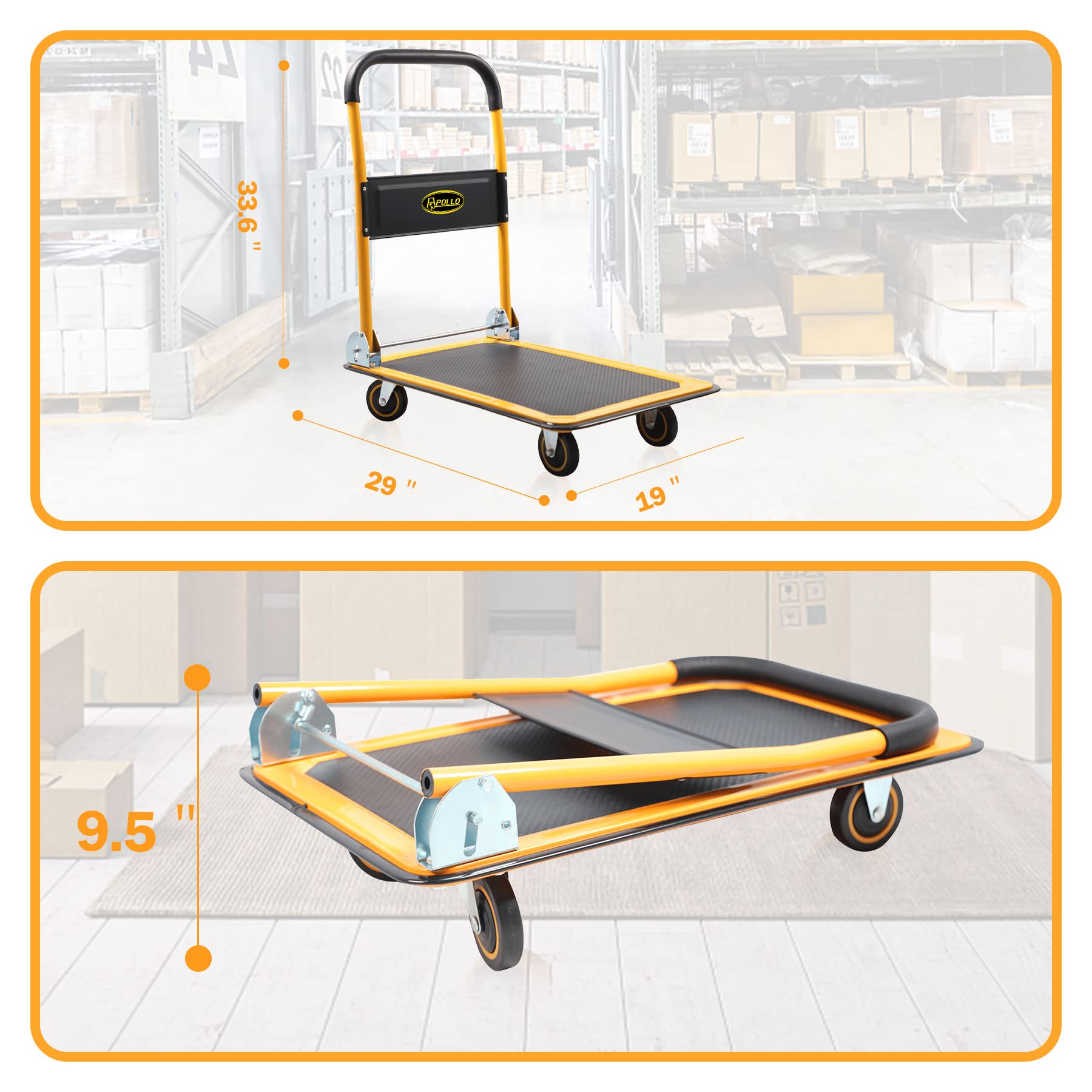 Push Cart Dolly, Foldable Platform Truck 330 lbs Capacity for Easy Storage, Folding Hand Truck Push Cart Dolly with 360 Degree Swivel Wheels Black and Yellow