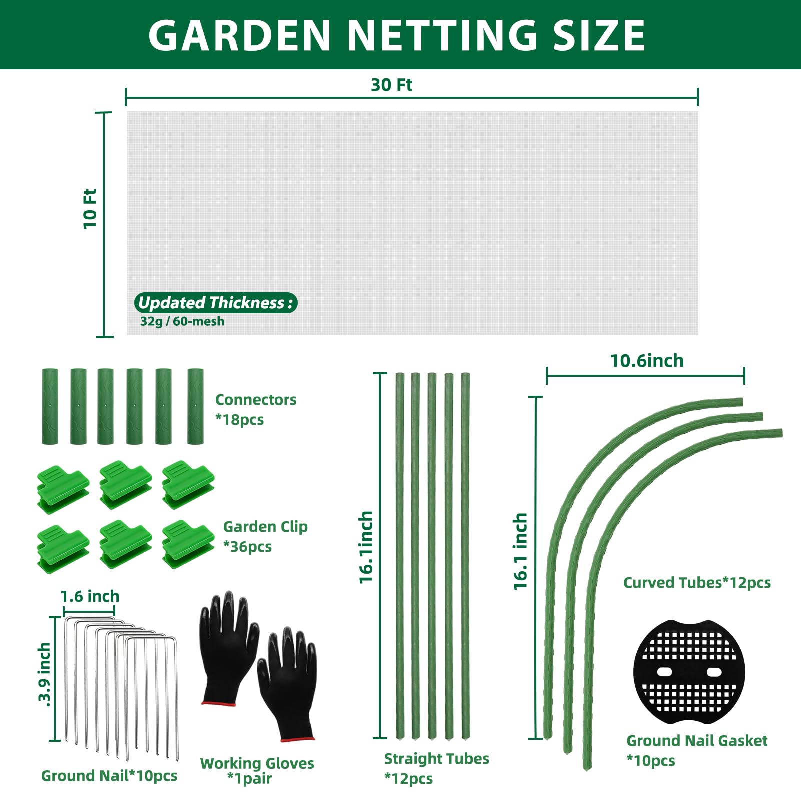 Garden Netting Kit, 10x30 Ft Pest Barrier Bird Ultra Fine Mesh Netting with 6Sets Garden Hoops & 36 Clips for Raised Beds, Garden Plants Net Protection for Vegetable Fruit Flowers Greenhouse Row Cover