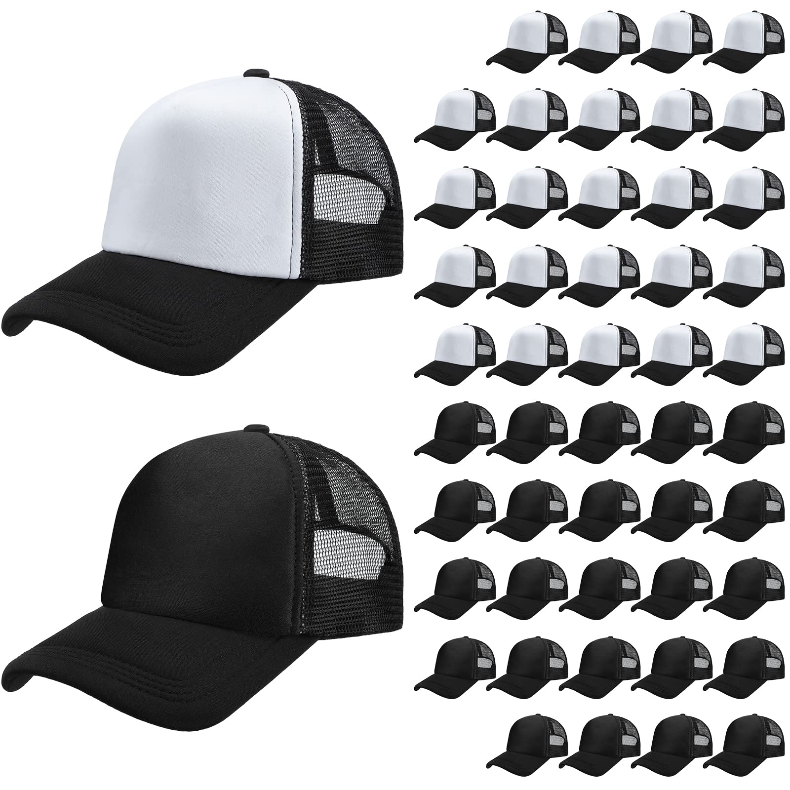 Lasnten 48 Pack Unisex Blank Trucker Hats Sublimation Baseball Caps Adjustable Plain Polyester Mesh Cap Bulk for DIY Printing (Black, White)