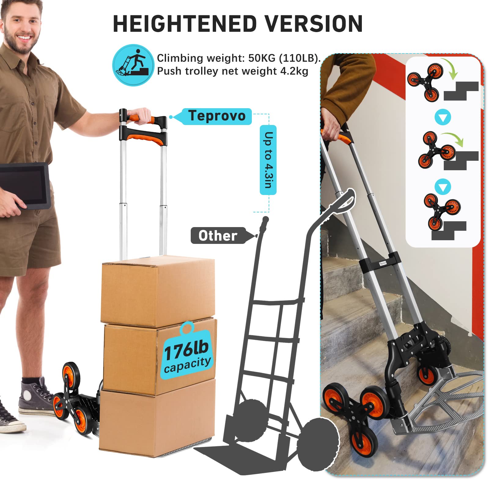 Stair Climbing cart Dolly Extended Handle by Teprovo,Aluminum Foldable Hand Truck Moving, Flat Floor Load capacity176 lb, Stair Climbing Dolly Load110 lb, Portable Trolley cart with Wheels