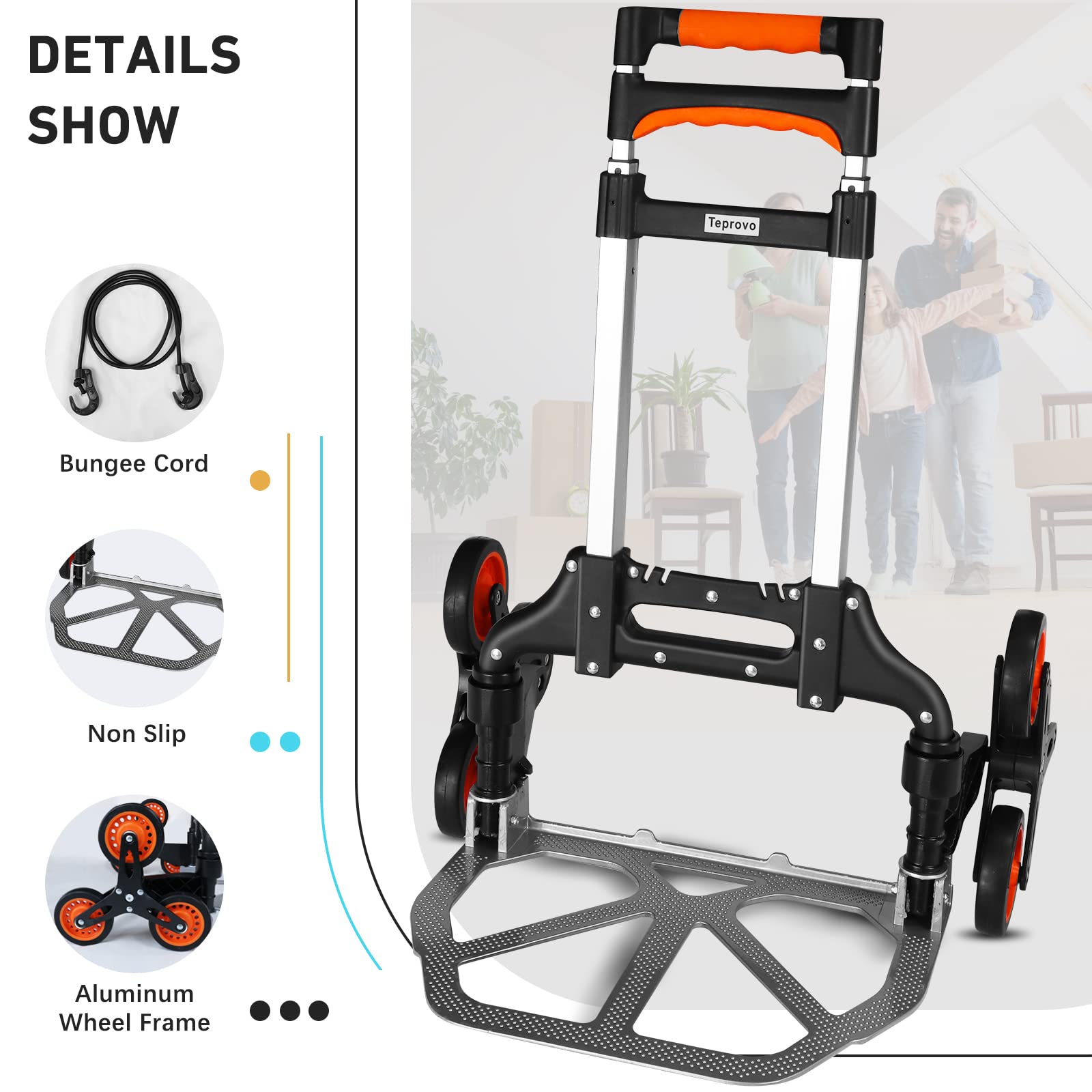 Stair Climbing cart Dolly Extended Handle by Teprovo,Aluminum Foldable Hand Truck Moving, Flat Floor Load capacity176 lb, Stair Climbing Dolly Load110 lb, Portable Trolley cart with Wheels