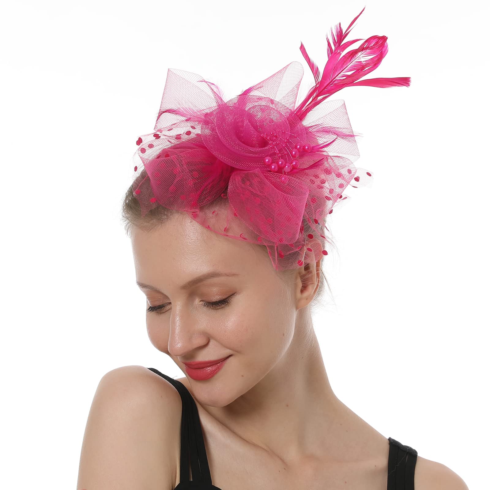 Fascinator Kentucky Hat for Women Tea Party Wedding.Church Derby Headband, 1920s Fascinator Hat with Clip-Hot Pink-01