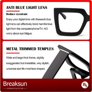 Breaksun Oversized Blue Light Glasses for Women Fashion Thick Square Computer Eyewear Non-Prescription Black Glasses (Black)