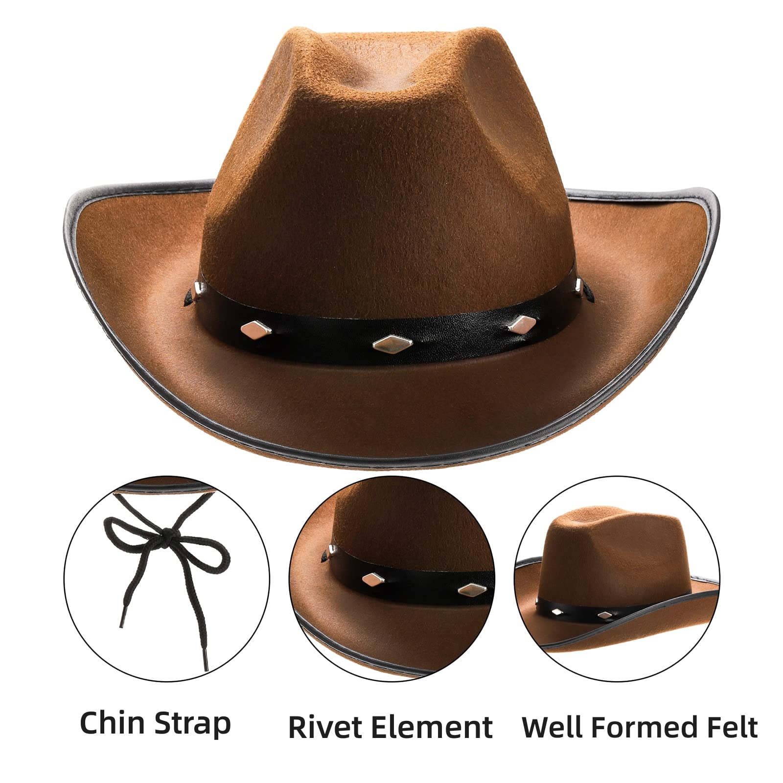 Hiceeden 4 Pack Brown Cowboy Hat for Men & Women, Retro Western Hat Felt Cowgirl Hat for Adults, Wide Brim Cowboy Hat with Chin Strap and Rivet Decor for Western Party