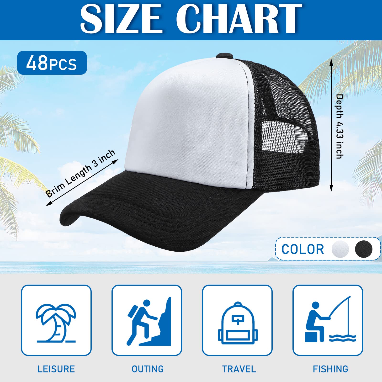 Lasnten 48 Pack Unisex Blank Trucker Hats Sublimation Baseball Caps Adjustable Plain Polyester Mesh Cap Bulk for DIY Printing (Black, White)