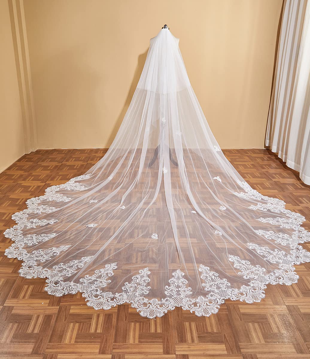 EllieWely Long Cathedral Length 2 Tier Sequin Lace Wedding Bridal Veil F09 3 M Ivory