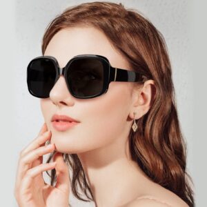 ViewJoy Oversized Sunglasses for Women Polarized 100% UV Protection Spring Hinges for Big Head Large Square Black Frame Classic Trendy Style