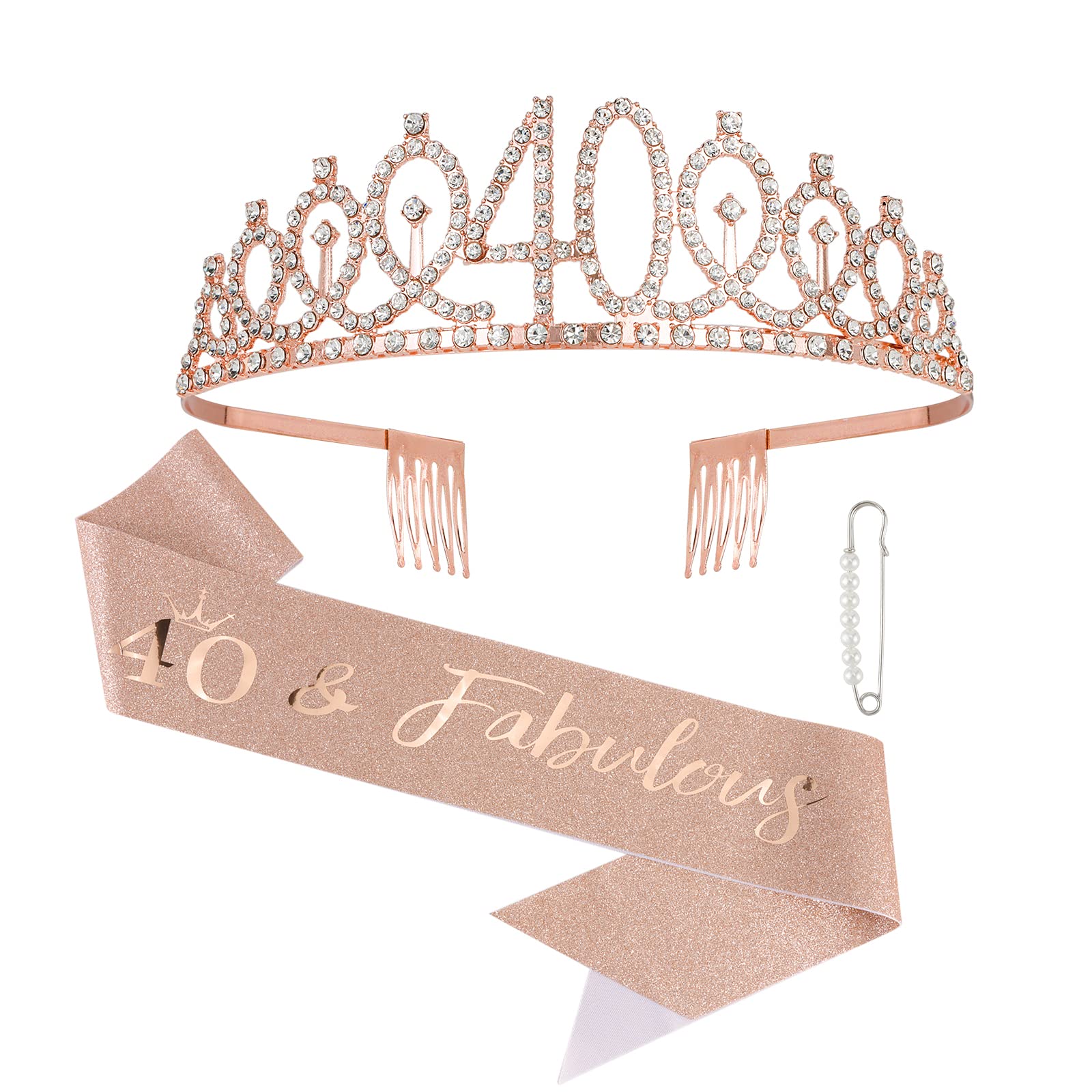 40th Birthday Sash & Rhinestone Crown Kit- Happy 40th Birthday Gifts Women 40th birthday decorations women (Rose gold)