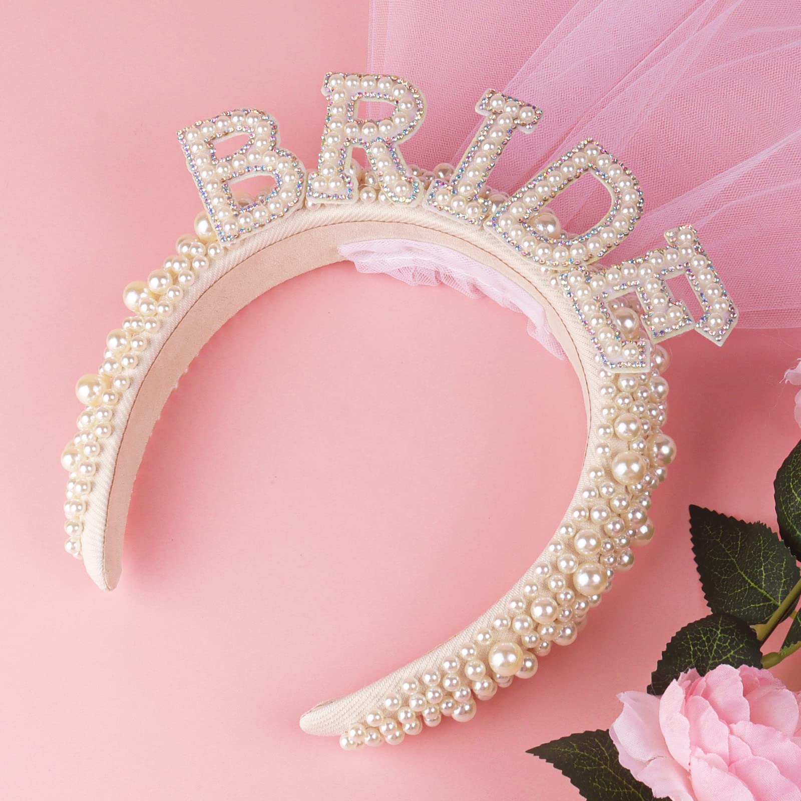 JUSTOTRY Bride Headband for Bachelorette - Bachelorette Outfit for Bride To Be Pearl Hairband Veil for Bridal Shower Gift (pearl)