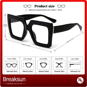 Breaksun Oversized Blue Light Glasses for Women Fashion Thick Square Computer Eyewear Non-Prescription Black Glasses (Black)