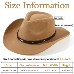 Mumufy 4 Pcs Classic Western Cowboy Hat Men Felt Wide Brim Cowgirl Hats Women Belt Buckle Panama Hat for Adults Kids (Black, Camel, Khaki, Beige)