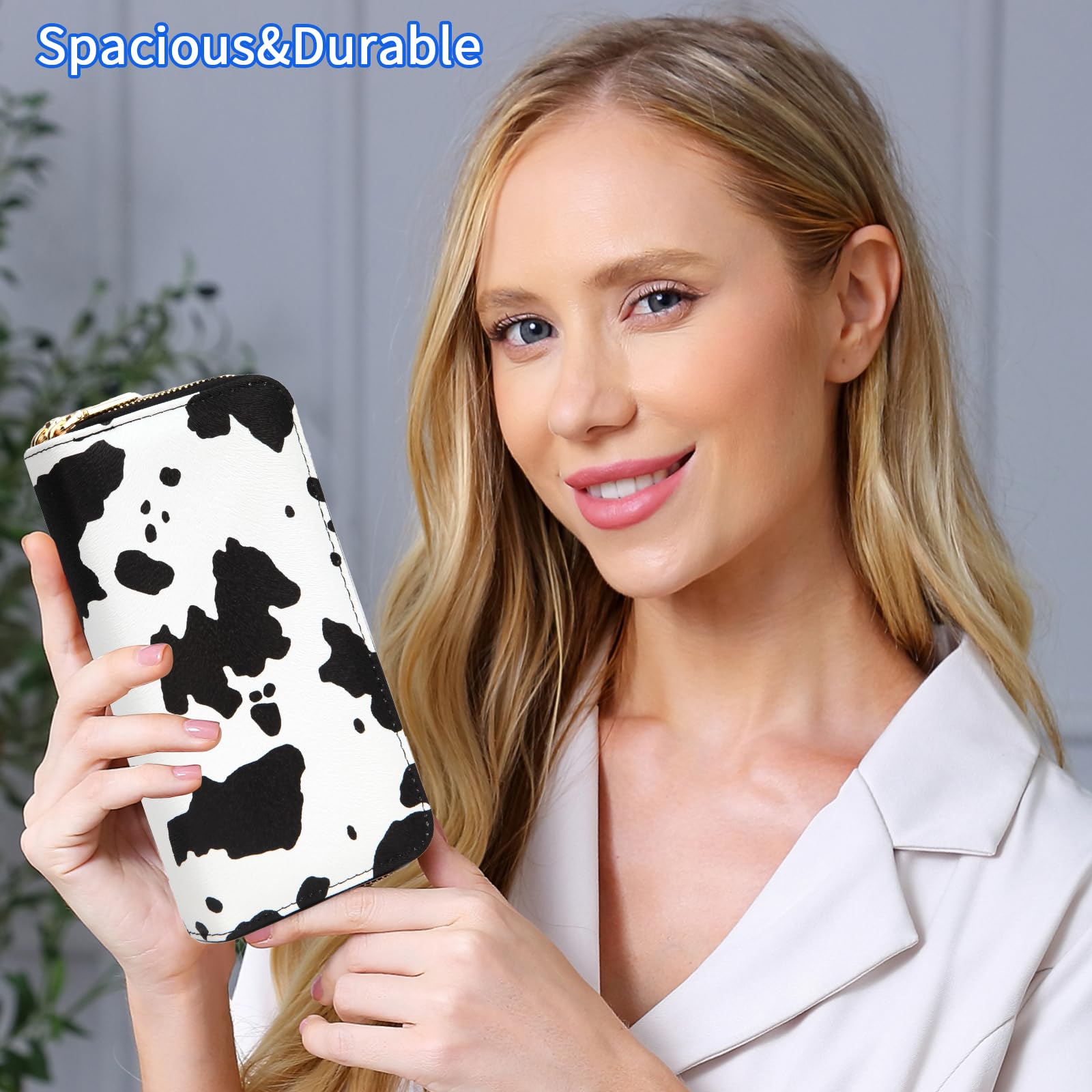 Nabegum Cow Print Wallet for Women Money Organizers Western Purse Cow Stuff Gifts Double Zipper Ladies Large Capacity Card Cases (Cow pattern)