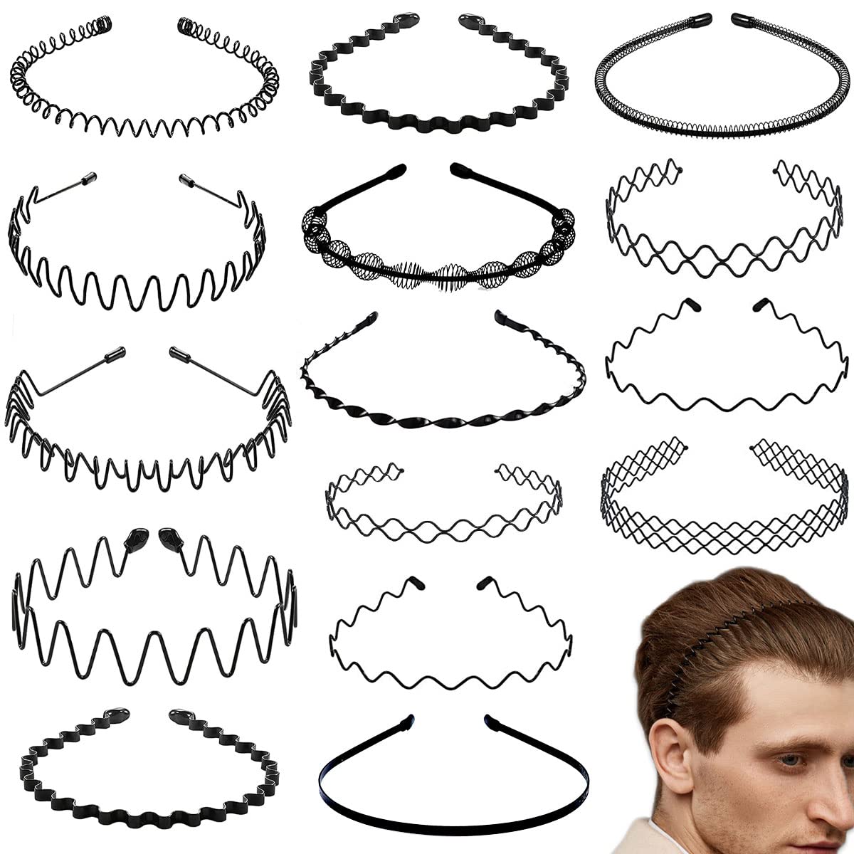 BOYIVI 15 Pieces Metal Headband for Men and Women Unisex Hair Band Adjustable Headbands Wavy Hair Accessories Non-slip Hair Hoop for Home, Outdoor, Sports and Yoga