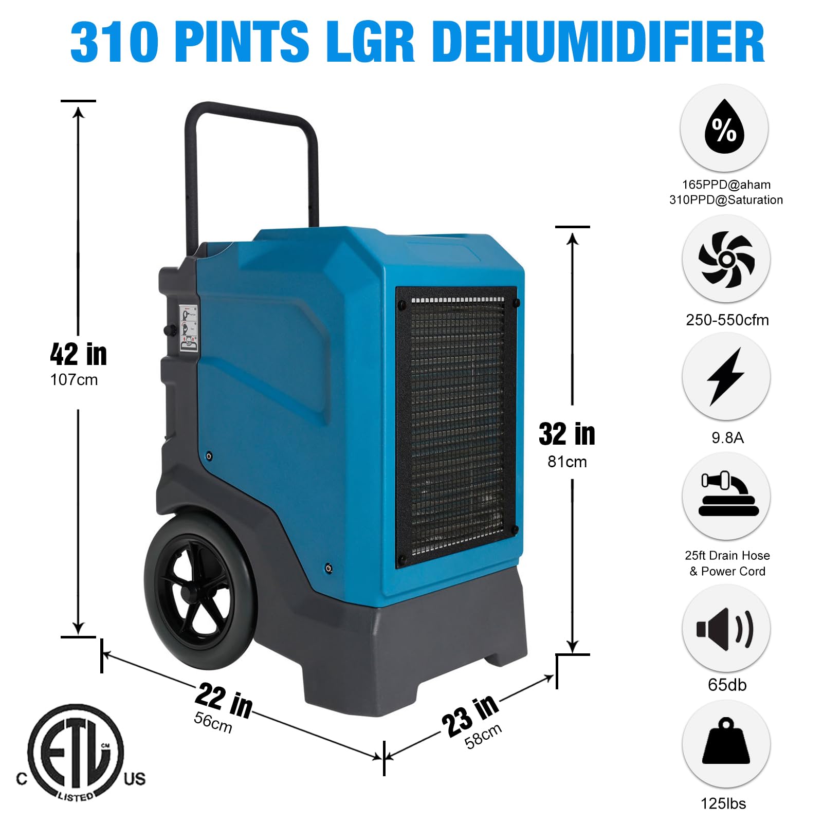 MOUNTO 310 Pints LGR Commercial Dehumidifier with Built-In Pump and Drain Hose – Portable, Heavy-Duty Dehumidifier with Wheels for Basements, Garages, Home, and Job Sites (Blue)