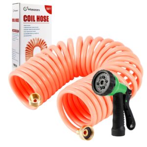 yereen coil garden hose 50ft, eva recoil garden hose, self-coiling water hose with 3/4" connector fittings with 8 function spray nozzle, creamy orange