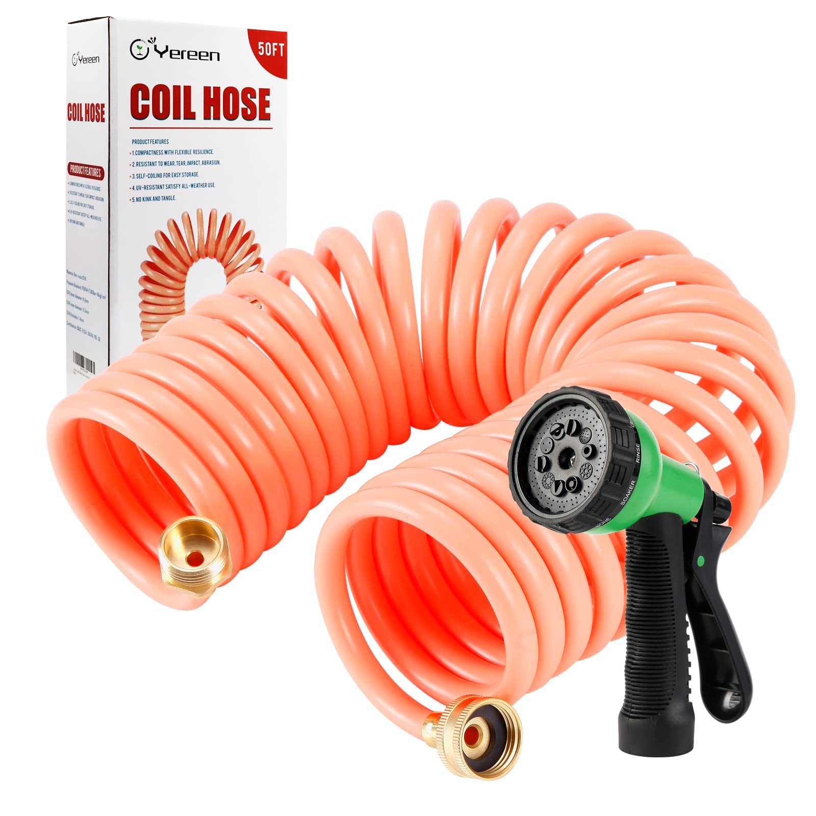 Yereen Coil Garden Hose 50FT, EVA Recoil Garden Hose, Self-coiling Water Hose with 3/4" Connector Fittings with 8 Function Spray Nozzle, Creamy Orange