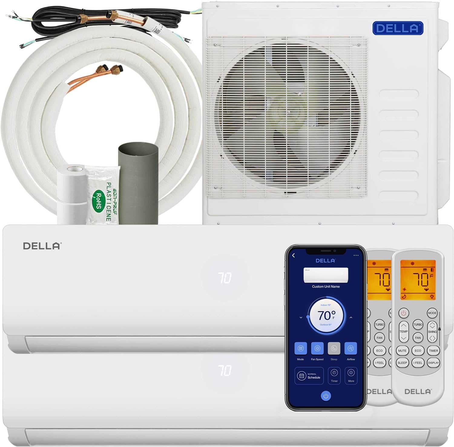 DELLA 36K BTU ODU 2 Dual Zone 24000 24000 BTU 19 SEER2 208-230V Cools Up to 3000 Sq.Ft Wifi Multi Zone Ductless Pre-Charged Mini Split AC & Heat Pump Work with Alexa,16ft Installation Kits Included