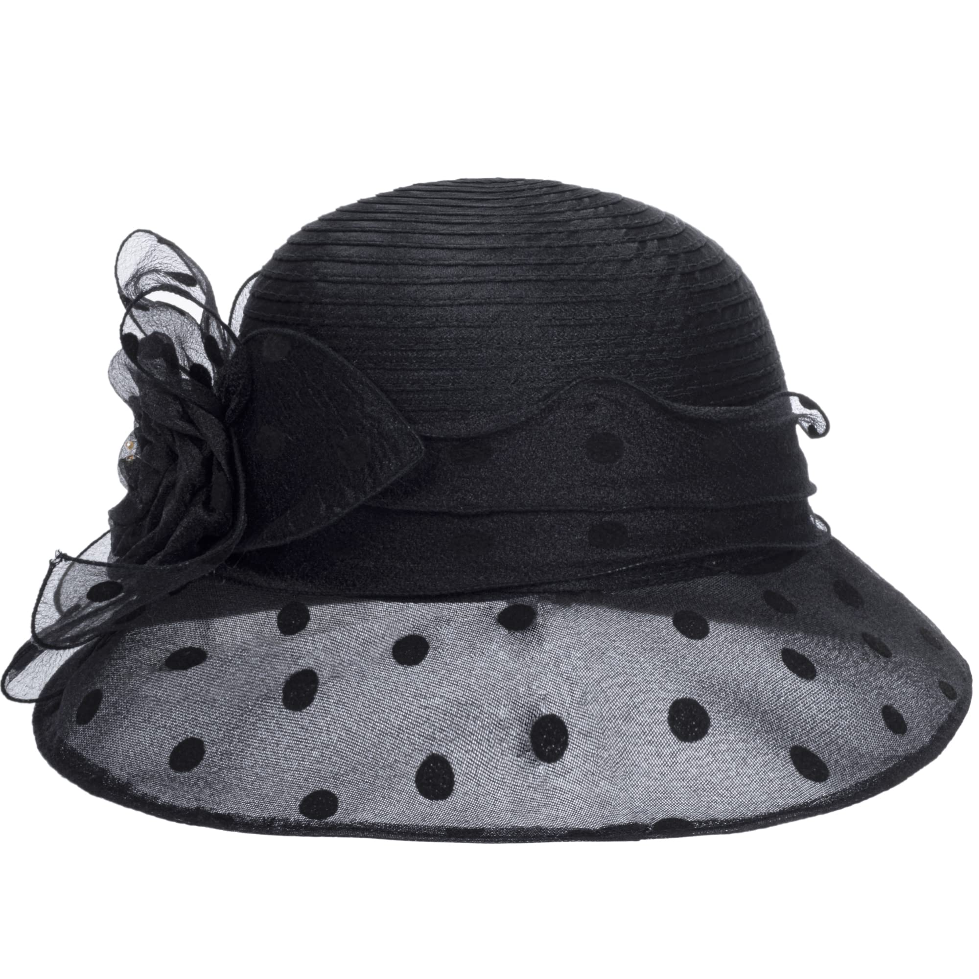 Dots-Organza Flower Band Wide Brim Sun Hat for Women French Straw Party Hat Bridal Wedding Fascinator Black