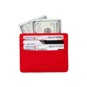 grande 3633 Genuine Leather Card Holder For Women and Men Super Slim Minimalist Small Snap Wallet (Red)