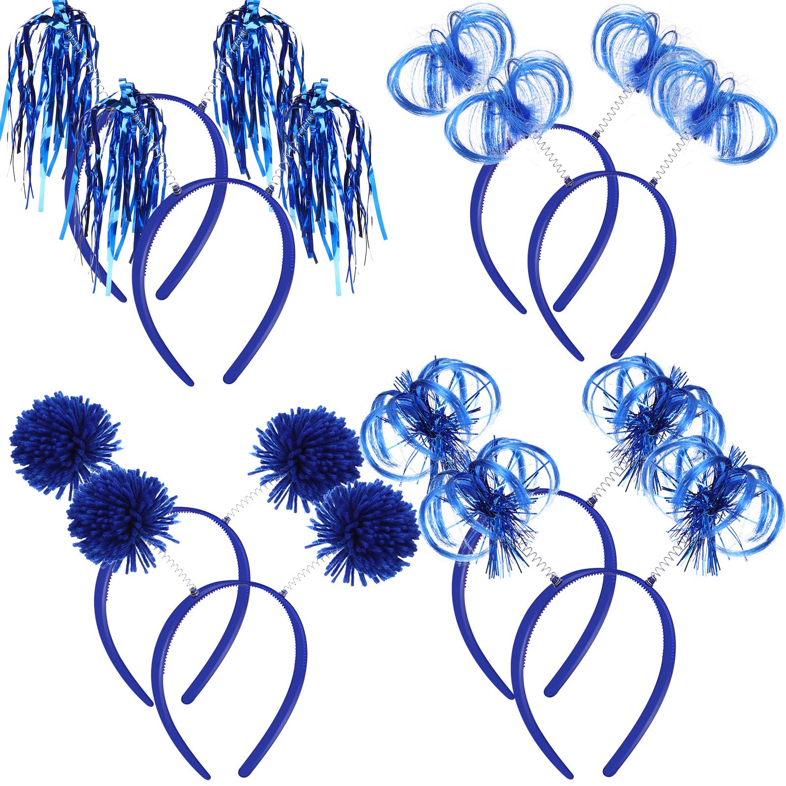 Censen 8 Pcs Pom Pom Headbands Party Headbands Tinsel Wrapped Ponytails Headbopper Headwear for Halloween Birthday Festival(Blue)