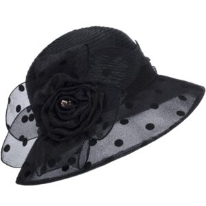 Dots-Organza Flower Band Wide Brim Sun Hat for Women French Straw Party Hat Bridal Wedding Fascinator Black