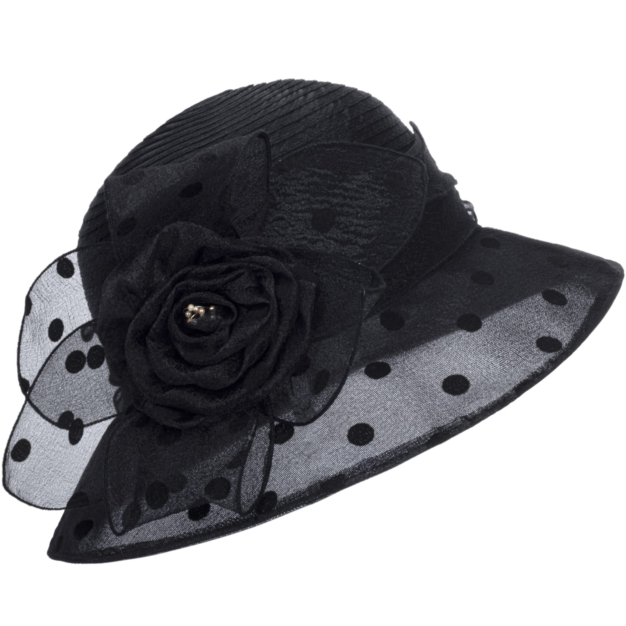 Dots-Organza Flower Band Wide Brim Sun Hat for Women French Straw Party Hat Bridal Wedding Fascinator Black