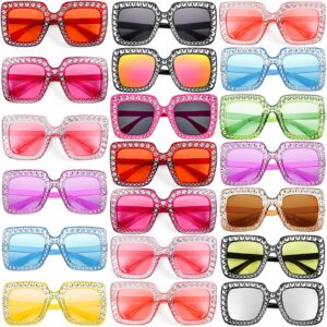 20 Pack Crystal Rhinestone Sunglasses Bulk, Oversized Square Sunglasses Diamond Glitter Glasses Retro Thick Frame Sparkling Sunglasses Party Favors