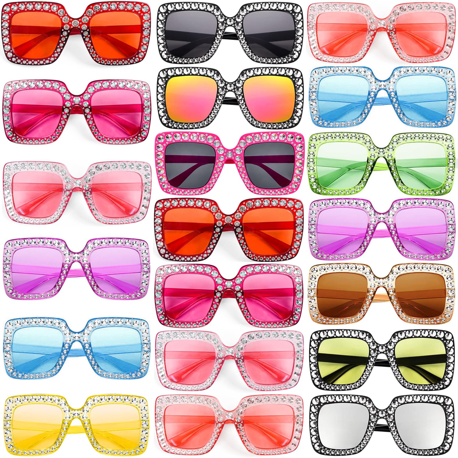 20 Pack Crystal Rhinestone Sunglasses Bulk, Oversized Square Sunglasses Diamond Glitter Glasses Retro Thick Frame Sparkling Sunglasses Party Favors