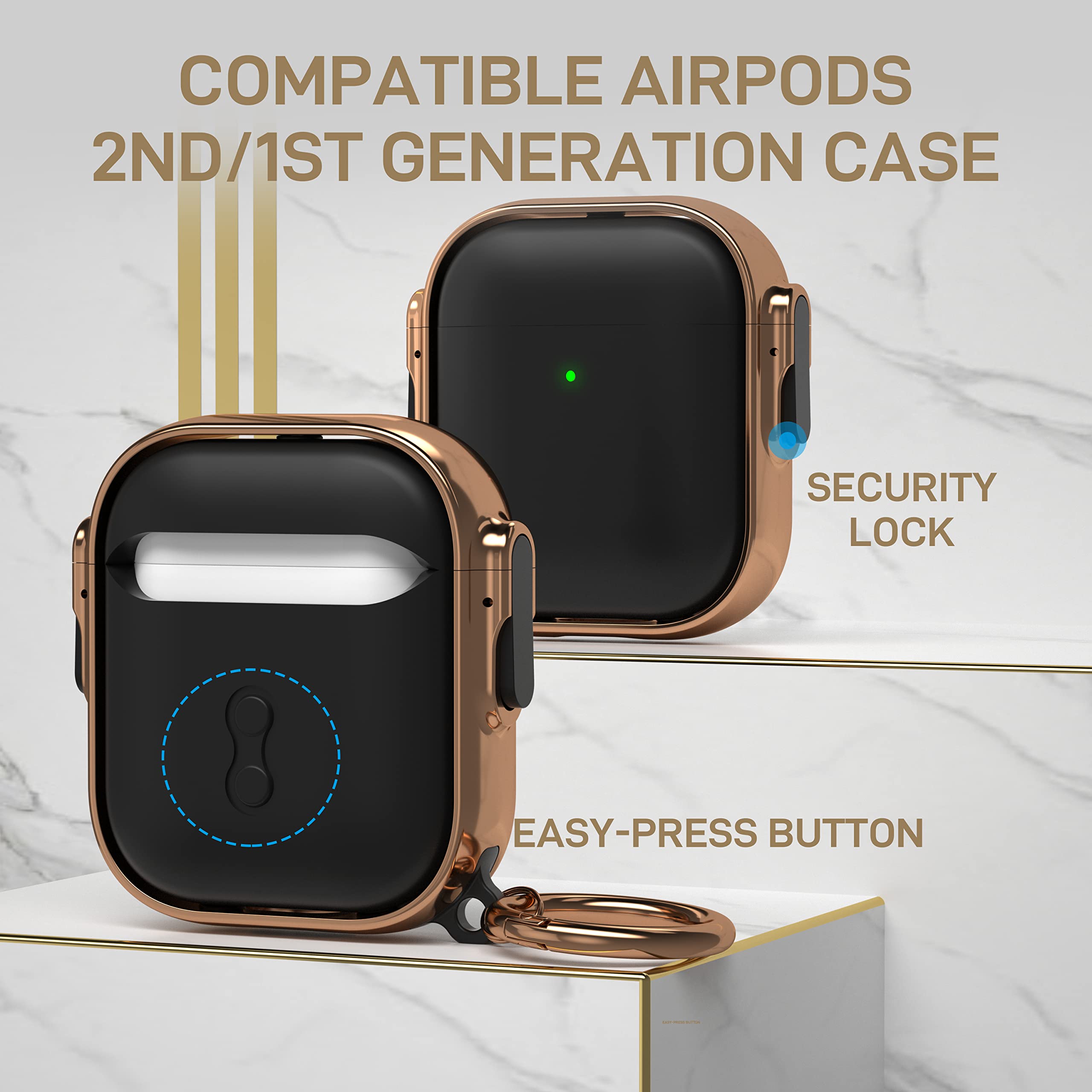 Maxjoy for AirPods Case Cover with Lock, Hard AirPod Case Protective iPod Cover for Women Men with Keychain Lock Clip Compatible AirPod 2nd 1st Gen Charging Case 2&1, Black/Rose Gold