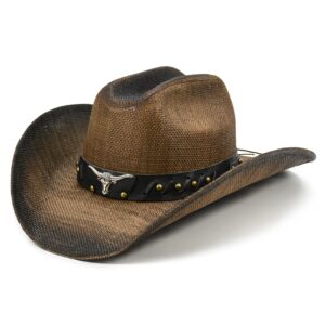 fluffy sense. cowboy hat for women and men - straw cattleman crease western hats with upgrade 4 inches shapeable wide brim (dark brown)