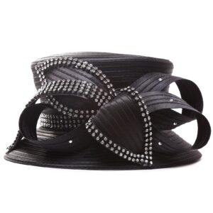 Women Gorgeous Rhinestone Tea Party Dress Bowler Cloche Bucket Derby Church Hat (Black)