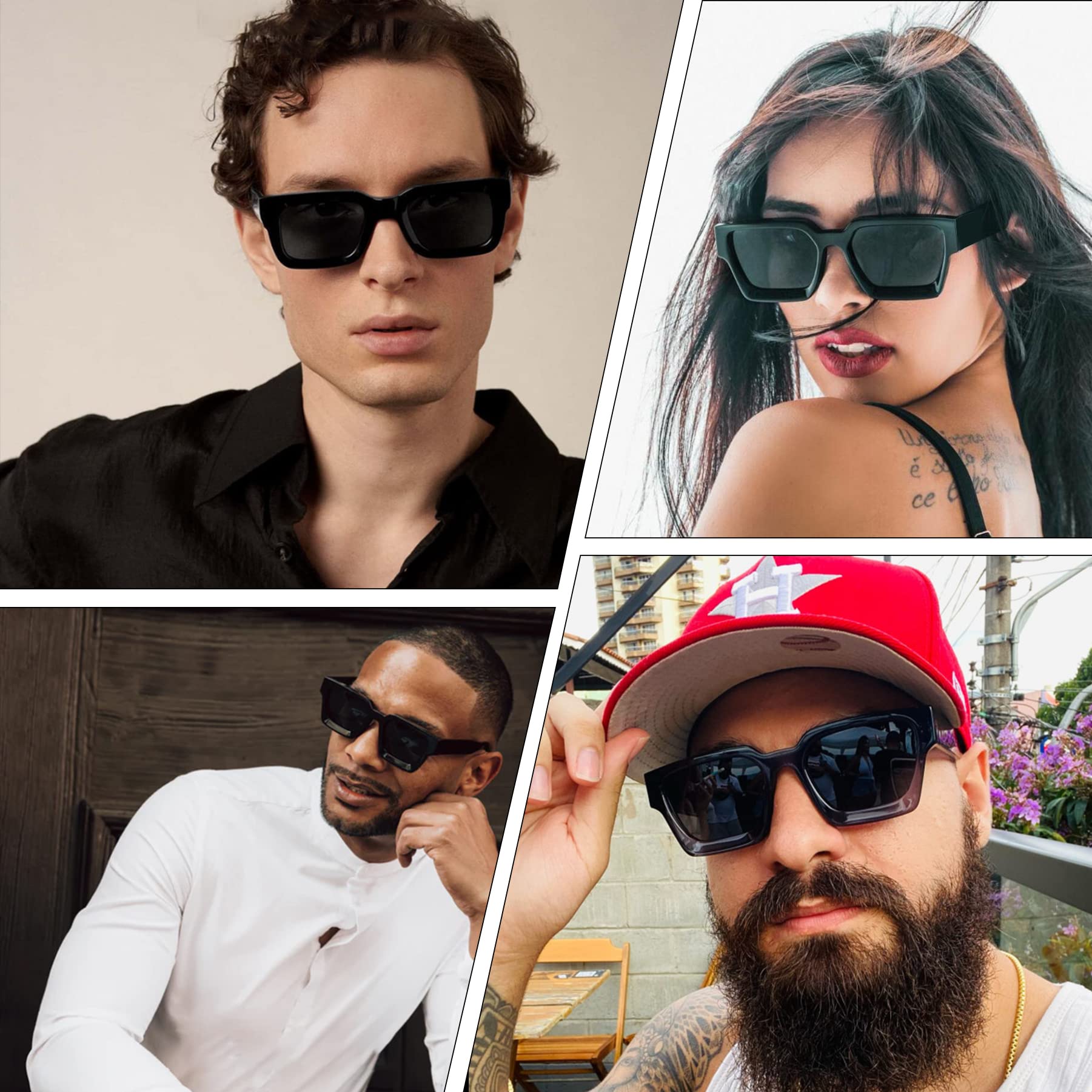 Hycredi Thick Rectangle Sunglasses Women Men Retro Square Chunky Shades 90s Glasses UV400 Protection -Black+Brown