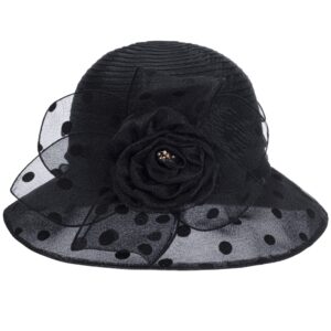 Dots-Organza Flower Band Wide Brim Sun Hat for Women French Straw Party Hat Bridal Wedding Fascinator Black