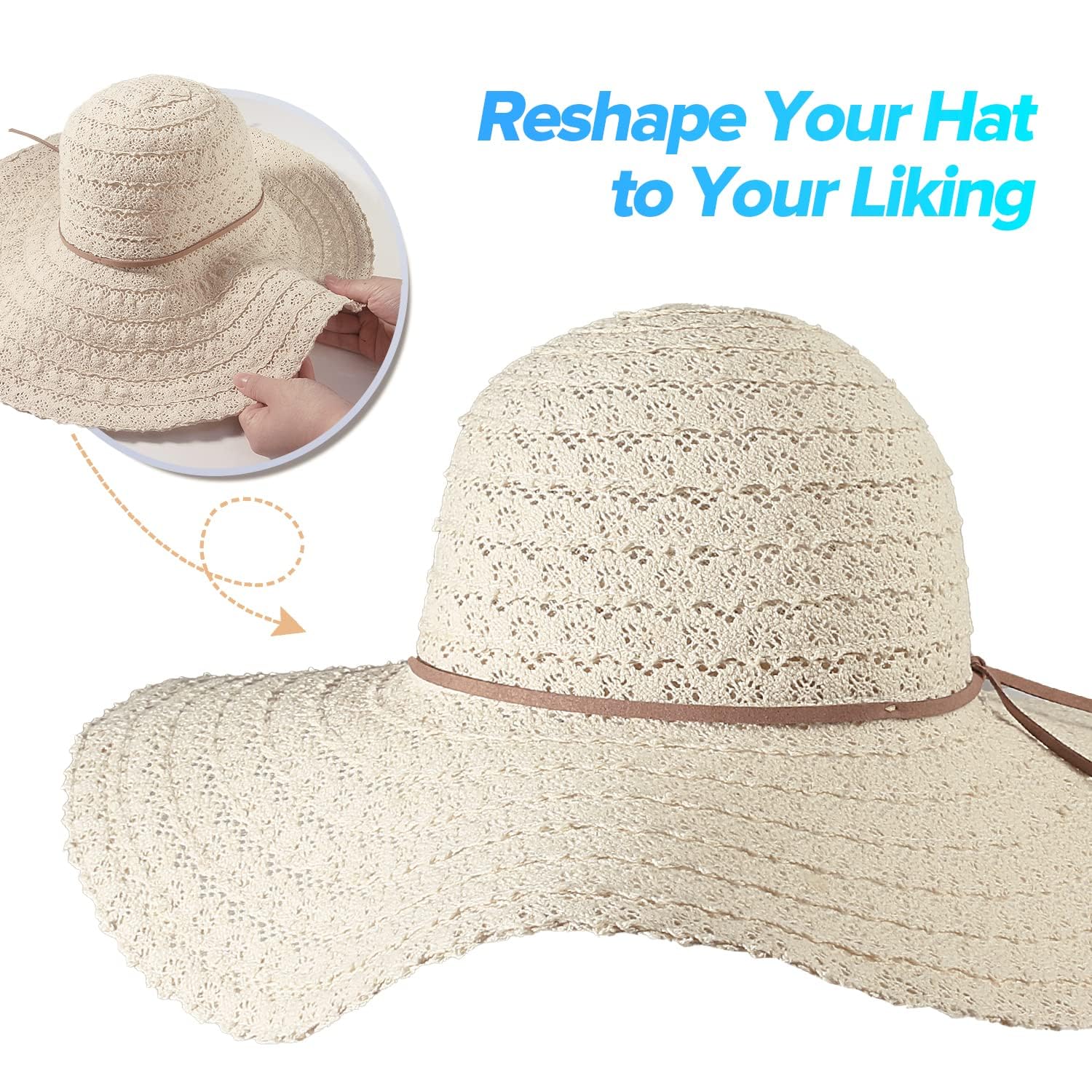 Womens Sun Hat, Floppy Beach Summer Hats with Wide Brim, Packable Lace Hats for Women Beige