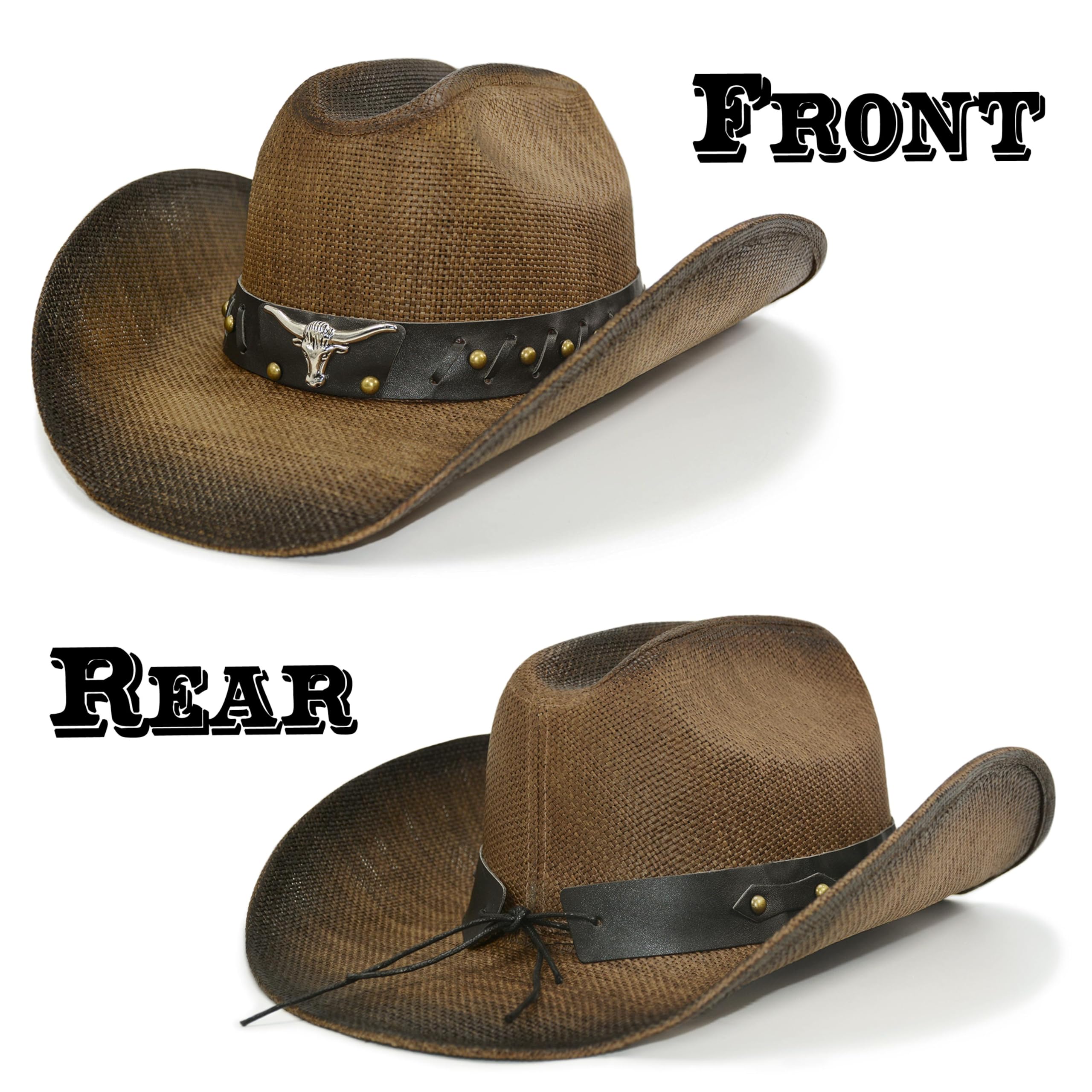 FLUFFY SENSE. Cowboy Hat for Women and Men - Straw Cattleman Crease Western Hats with Upgrade 4 inches Shapeable Wide Brim (Dark Brown)