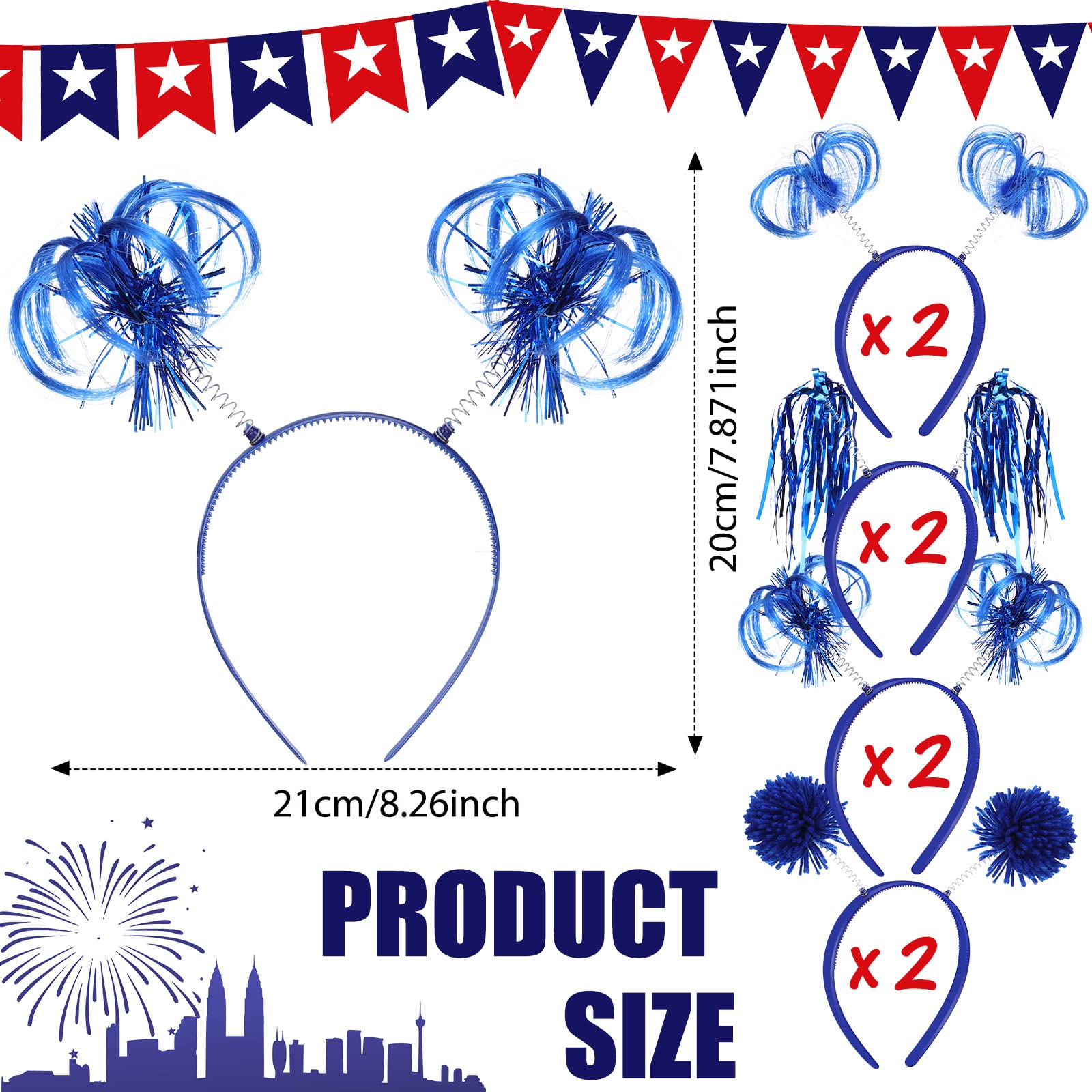 Censen 8 Pcs Pom Pom Headbands Party Headbands Tinsel Wrapped Ponytails Headbopper Headwear for Halloween Birthday Festival(Blue)