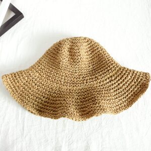 Crochet Straw Sun Hat for Women Floppy Beach Sun Hat Soft Large Lady Bucket Hat Foldable Travel Summer Medium Khaki