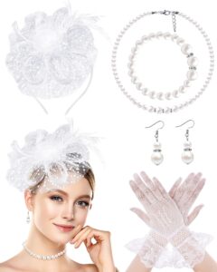 1920s white fascinators hat set for women tea party headband lace gloves pearl jewelry set cocktail tea party banquet wedding halloween retro tiara