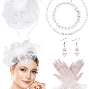 1920s White Fascinators Hat Set for Women Tea Party Headband Lace Gloves Pearl Jewelry Set Cocktail Tea Party Banquet Wedding Halloween Retro Tiara