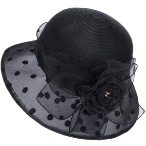 Dots-Organza Flower Band Wide Brim Sun Hat for Women French Straw Party Hat Bridal Wedding Fascinator Black