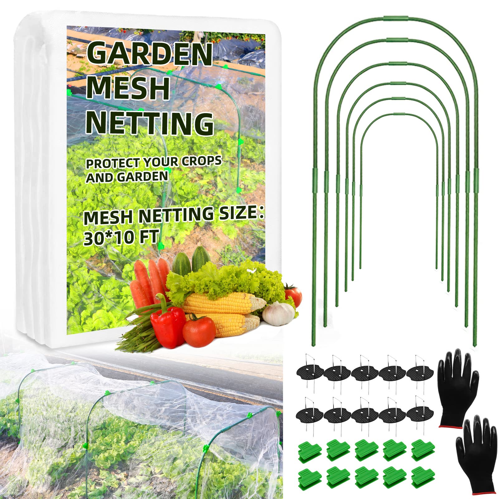 Garden Netting Kit, 10x30 Ft Pest Barrier Bird Ultra Fine Mesh Netting with 6Sets Garden Hoops & 36 Clips for Raised Beds, Garden Plants Net Protection for Vegetable Fruit Flowers Greenhouse Row Cover