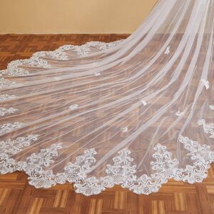 EllieWely Long Cathedral Length 2 Tier Sequin Lace Wedding Bridal Veil F09 3 M Ivory