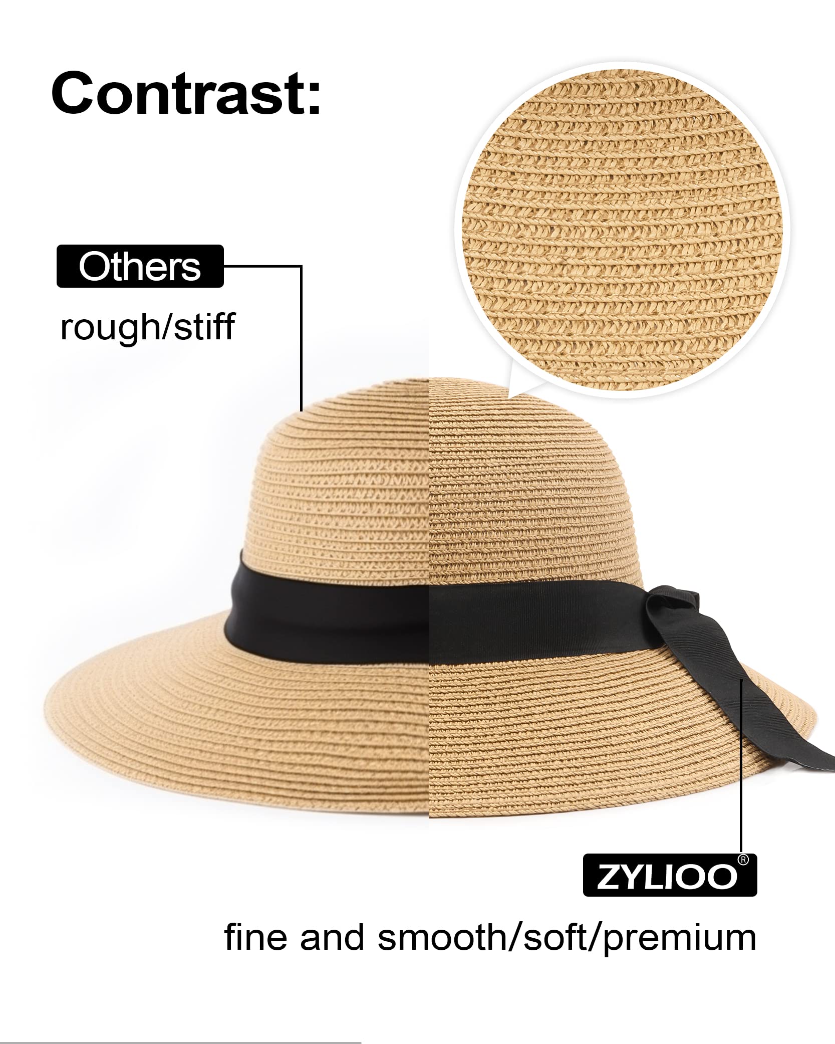 Zylioo Adjustable Little Straw Hats,Wide Brim Sun Hats for Big Heads,Floppy Beach Travel Hats with Bow