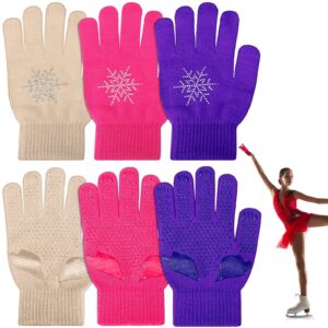 jiuguva 3 pairs ice skating gloves figure skating accessories gloves with snowflake rhinestone knit gloves for kid girl (skin color, purple, pink)